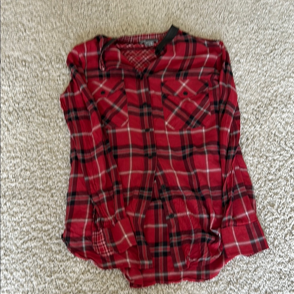 Vince Red and Black Button Down Shirt with Notched Collar